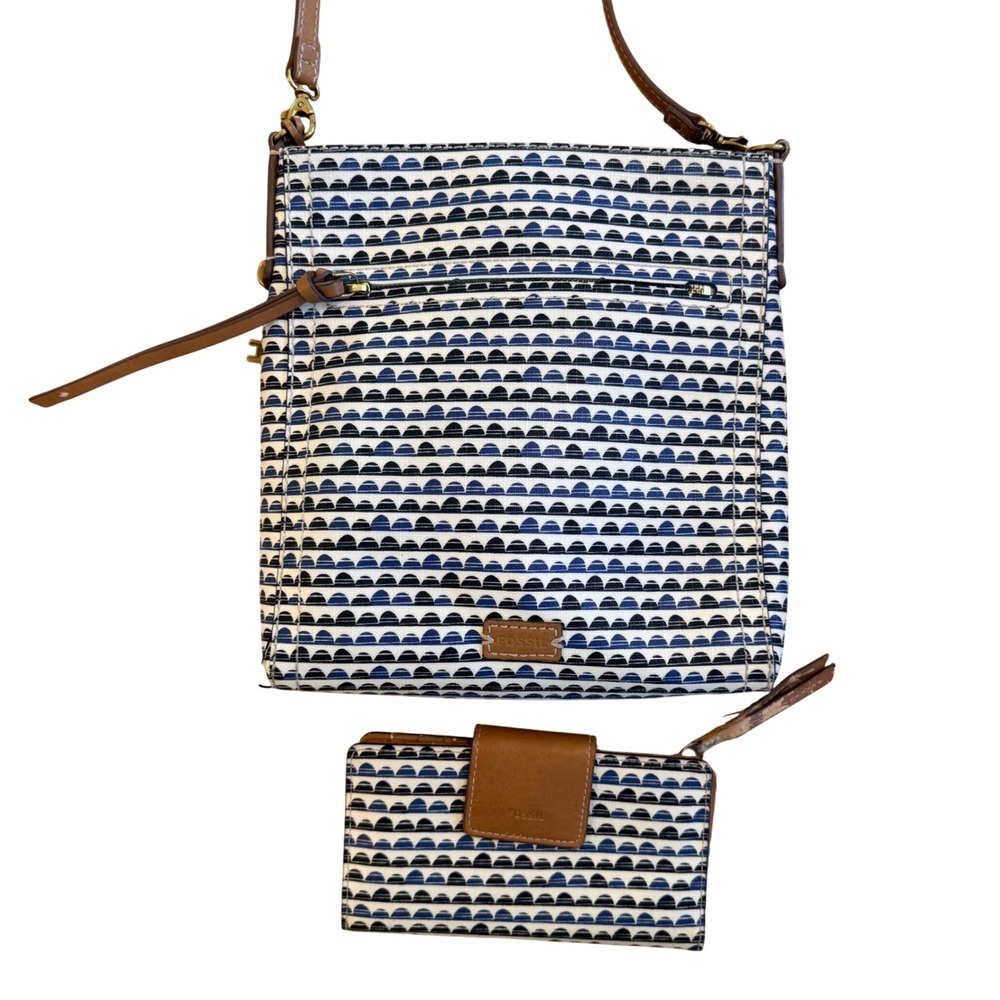 Vintage Fossil Blue White Scallop Print Crossbody Bag and Matching Wallet Set